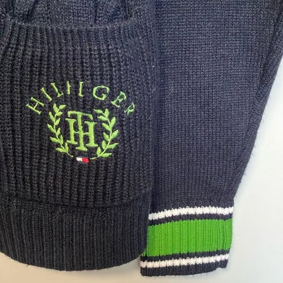 NWOT Tommy Hilfiger Navy Blue Cable Knit Cardigan with Green Accents - Picture 5 of 8